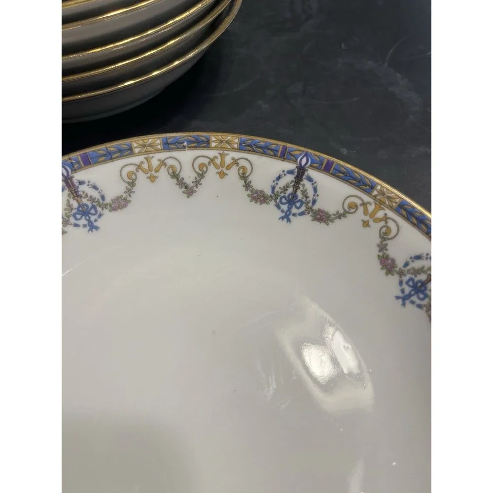 c1920’s Jean Pouyat Limoges Blue Ribbon Floral Garland Gold Rim 7.5” Soup Bowls